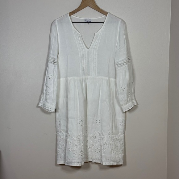 Tommy Bahama Women St. Lucia Linen Blend Dress White Eyelet Resortwear Boho - Picture 2 of 11